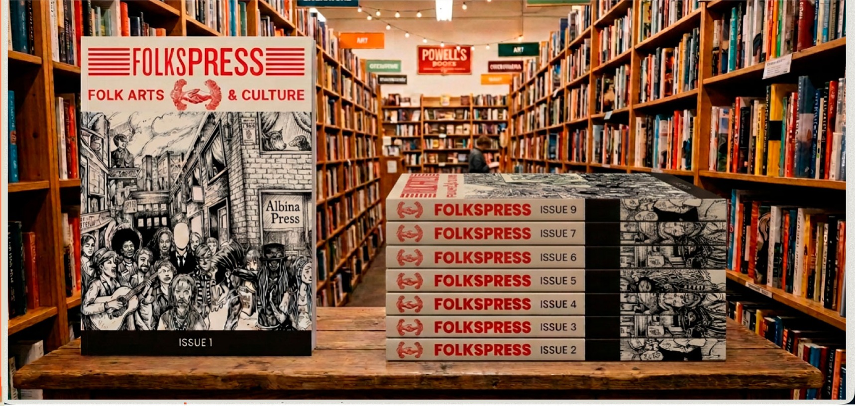 FolksPress issues on display at the bookstore
